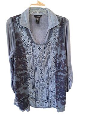 Ali Miles Womens XL Collared Long Sleeve Gray Lace Embroidered Tunic Top Shirt